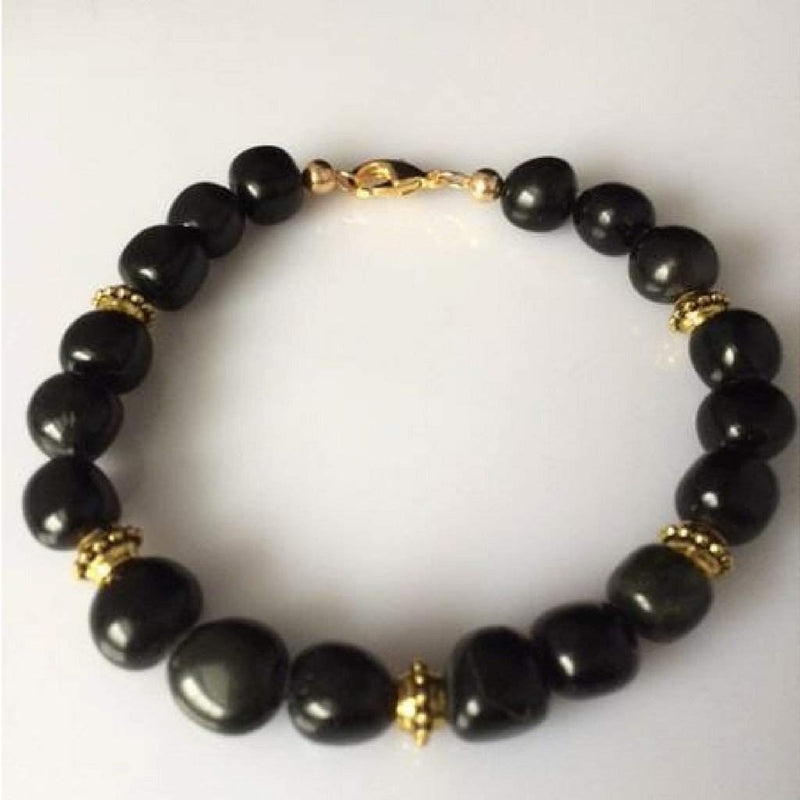 Mens Black Obsidian Pebble Beaded Bracelet Gold Accent Beads | JaeBee