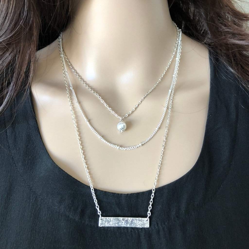 Buy the Silver Triple Layered Bar and Pearl Necklace | JaeBee Jewelry
