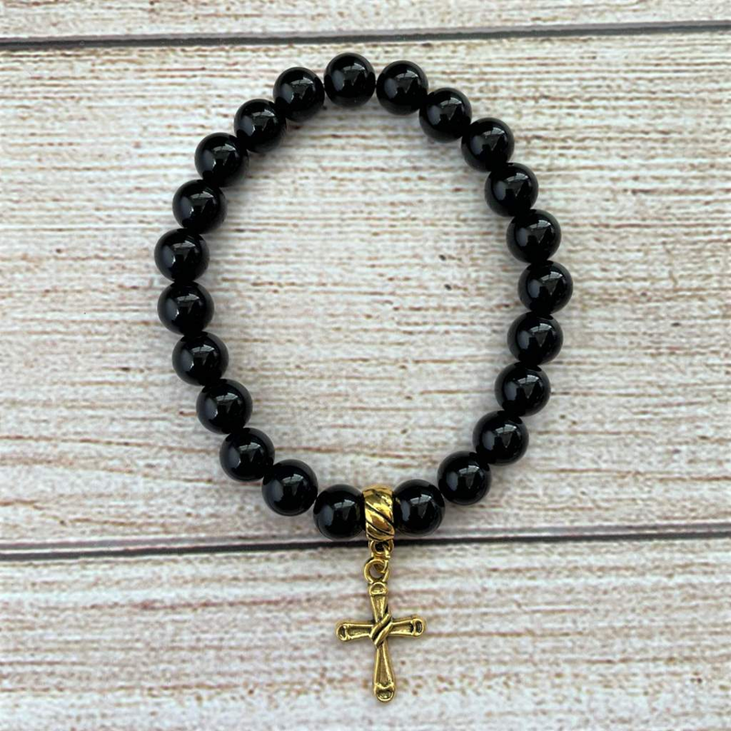 Black Onyx Mens Beaded Bracelet with Gold Cross Charm | JaeBee Jewelry