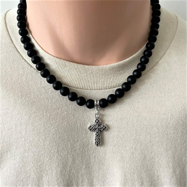 Buy The Black Onyx and Silver Cross Mens Beaded Necklace | JaeBee 28