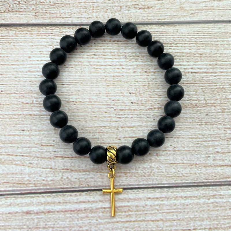 Buy the Matte Black Onyx and Gold Cross Beaded Mens Bracelet | JaeBee