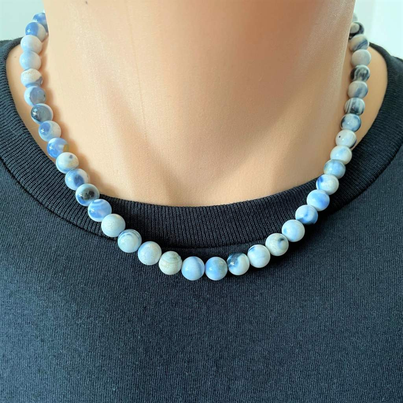 Buy the Mens Blue and White Agate Beaded Necklace | JaeBee Jewelry