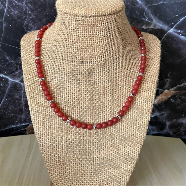 Red coral necklace for man with Hematite and pure silver nuggets