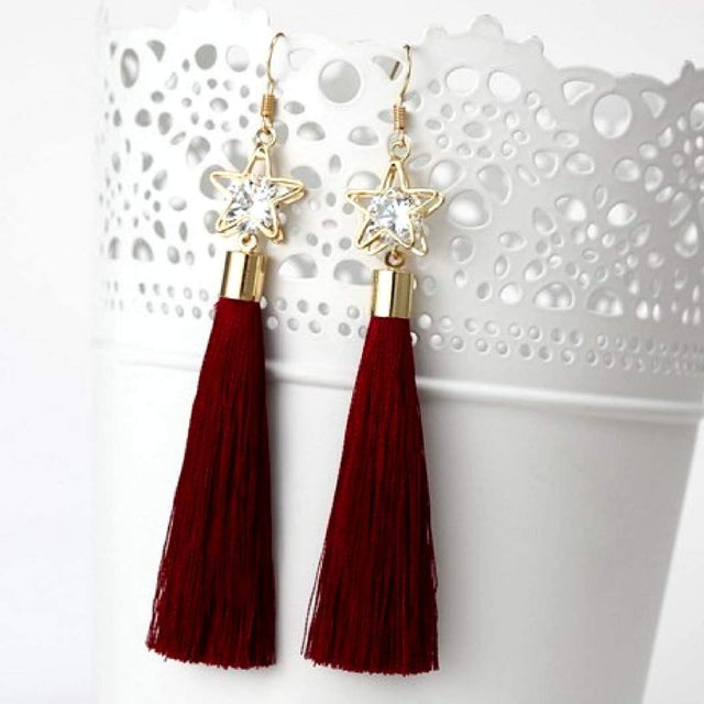 Buy The Red Tassel Earrings with Gold and Crystal Flower Charm | JaeBee