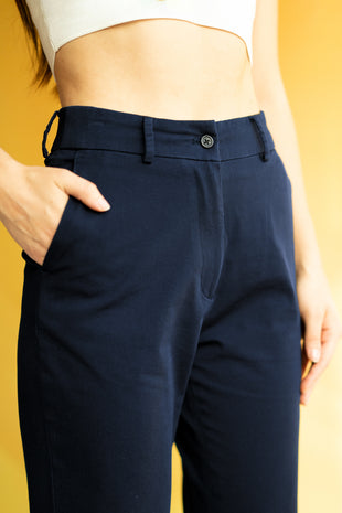  Women Navy Blue Chinos Pants Slim Drawstring Casual