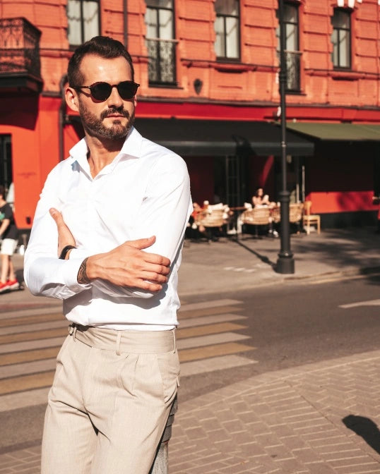 White Shirt with Beige Trousers