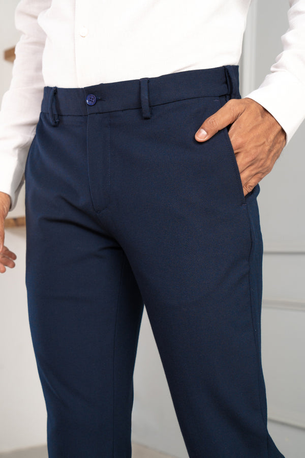 Navy Blue Solid Italian Fit Cotton Blend Formal Trousers For Men – TAD