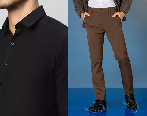 brown shirt and black pants