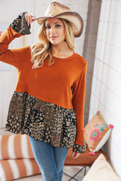 Rust Hacci Babydoll Floral Patchwork Bell Sleeve Sweater Top