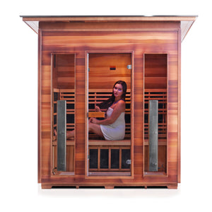 Enlighten Sauna Rustic 4 Person Slope Roof front facing view with woman inside