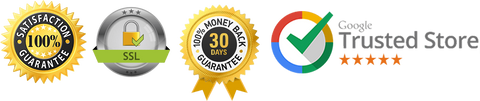 trust badges, google trusted store badge, five star badge, ssl encryption badge, 30 day money back guarantee badge, satisfaction guaranteed badge