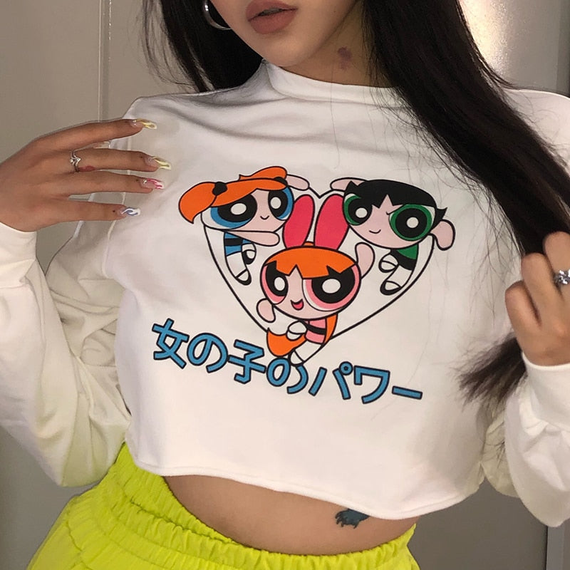 harajuku kpop kawaii hoodie cartoon Power Girls crop top sweatshirt