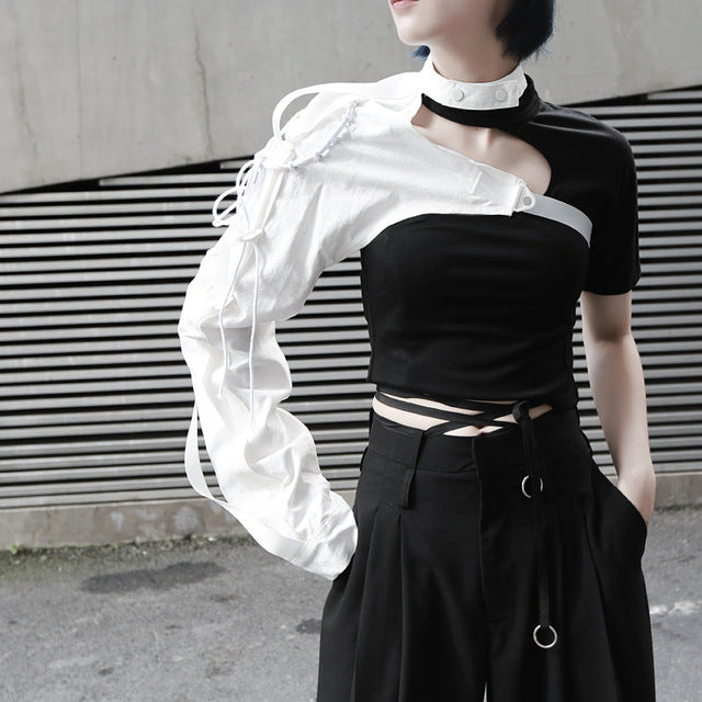 Punk rok Black and white long-sleeved top with styling accessories unilateral long-sleeved style tooling