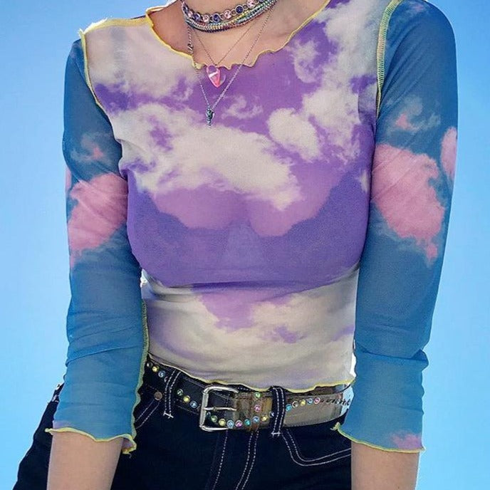 Vintage cute kawaii sweet shirt mesh perspective multicolored clouds crop tops tshirt women long sleeve tops