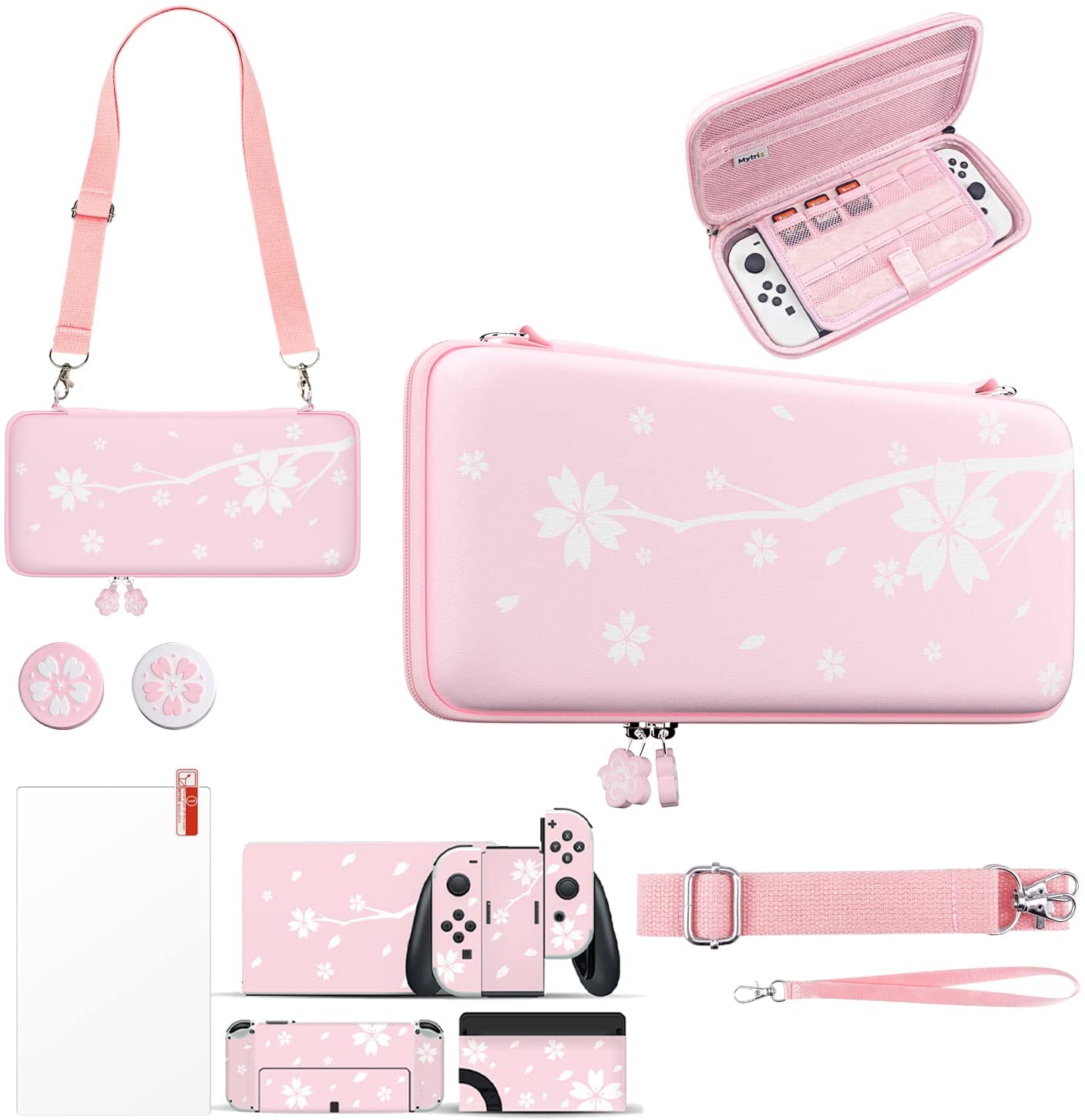Mytrix Sakura Pink Carrying Case 4 in 1 Bundle for Nintendo Switch OLED, Skin Stickers, Screen Protector, 2 Joystick Caps