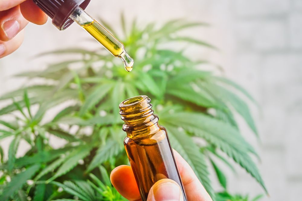 Aceite de CBD para qué sirve, manos sosteniendo un frasco de aceite de CBD