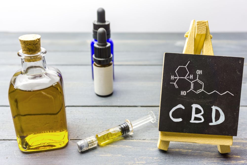 Productos con CBD en México, varios productos realizados a base de cbd junto a un pizarrón que contiene la composición química del compuesto