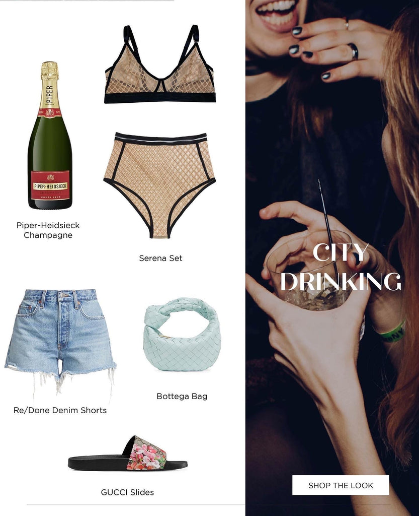 outfits to city drink in nude bra and underwear with bottega bag an re/done shorts and gucci slides