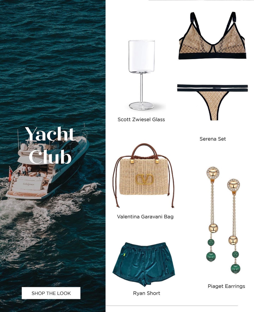 What to wear on a yacht serena lingerie set with sleep short and a bucket bag 