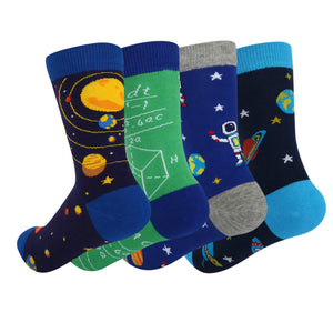 Boys 4 Pack Crazy Silly Math Space Cotton Crew Socks, Funny Socks with Gift Box