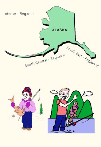 Image of Alaska map and 2 different cartoon images of anglers with fish