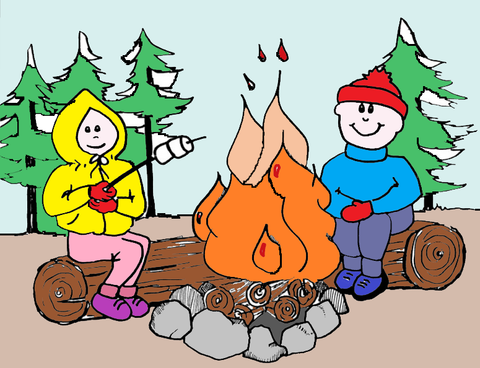 Illustration of campers roasting marshmallows at their snowy campsite