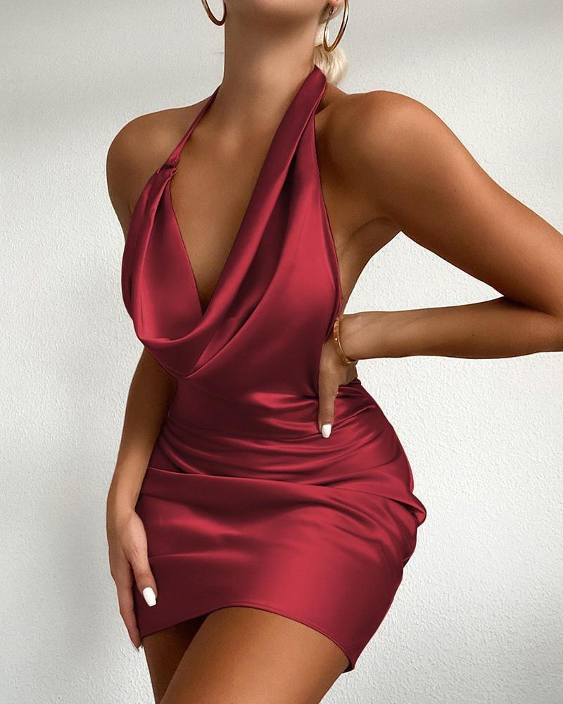 Elegant Cowl Neck Satin Red Party Mini Dress For Women Usa 4700