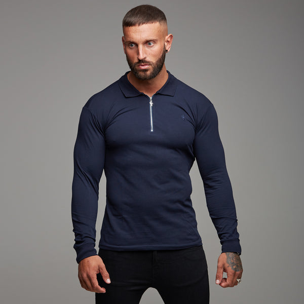 Father Sons Classic Navy Zipped Polo Long Sleeve Shirt - FSH024