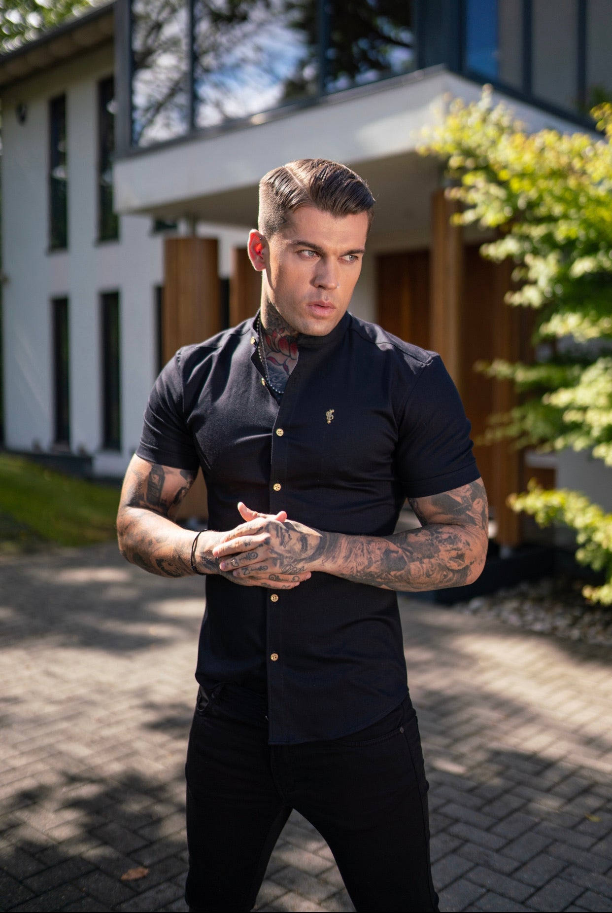 Father Sons Super Slim Stretch Black Denim Short Sleeve Grandad collar