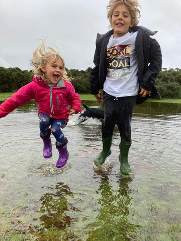 kids jumping in puddles with wellington boots