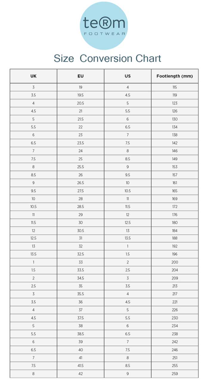 Term footwear general size guide