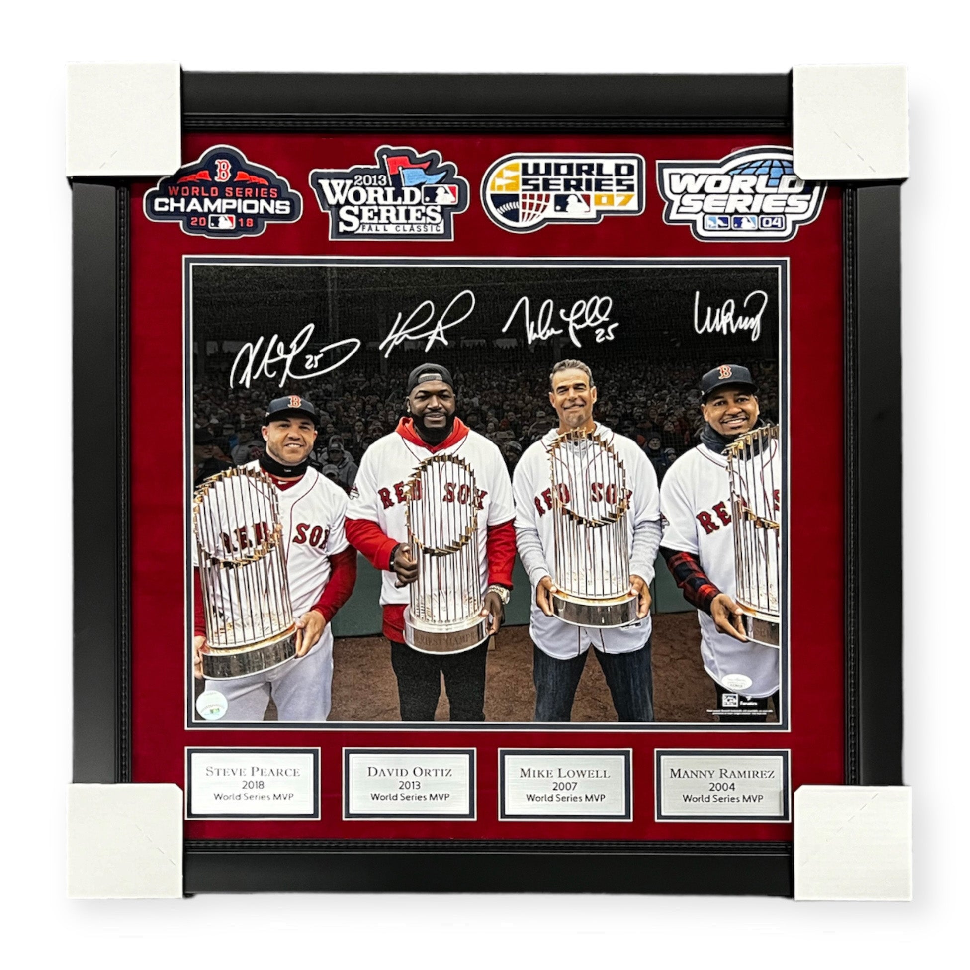 David Ortiz, Manny Ramirez, Mike Lowell & Steve Pearce Boston Red Sox Autographed World Series MVP's 16x20 Photo Framed to 26x27 JSA