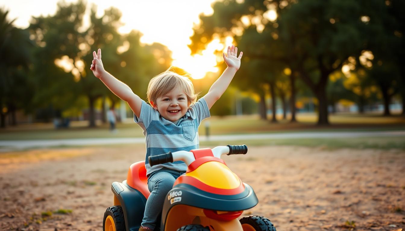 Happy child enjoying outdoor adventure on a kids ride on toy