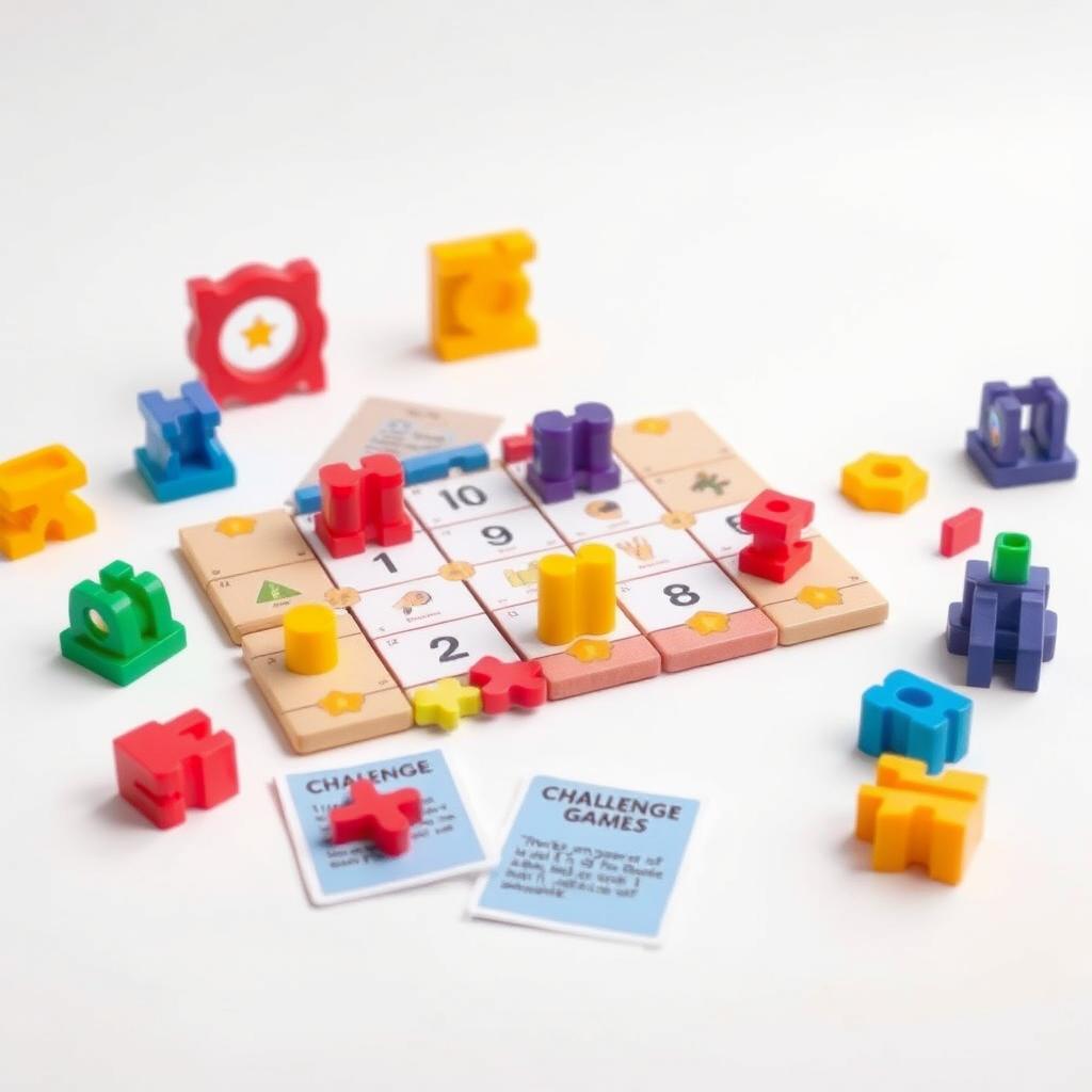Logic puzzle game with colorful pieces and challenge cards for strategic thinking