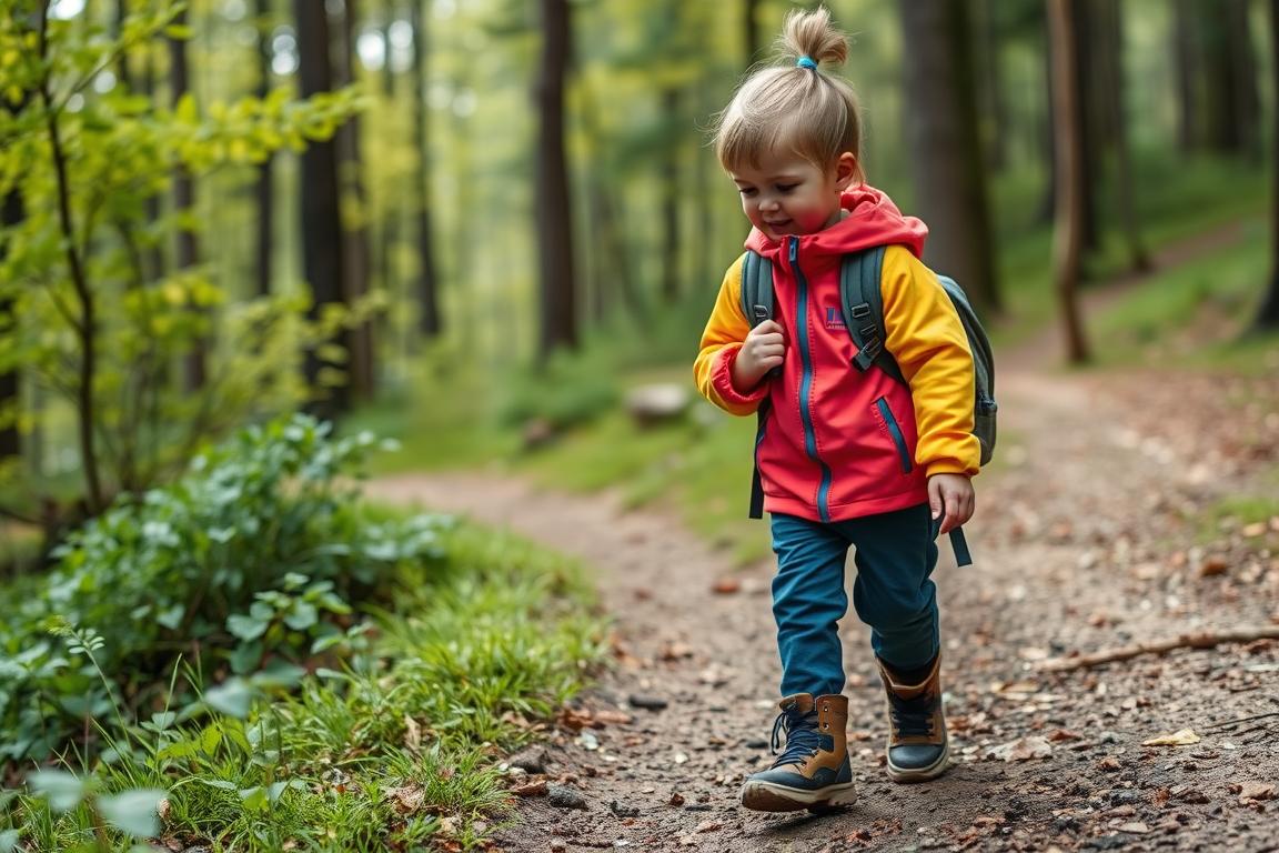 Child in a fleece jacket with hiking pants and boots