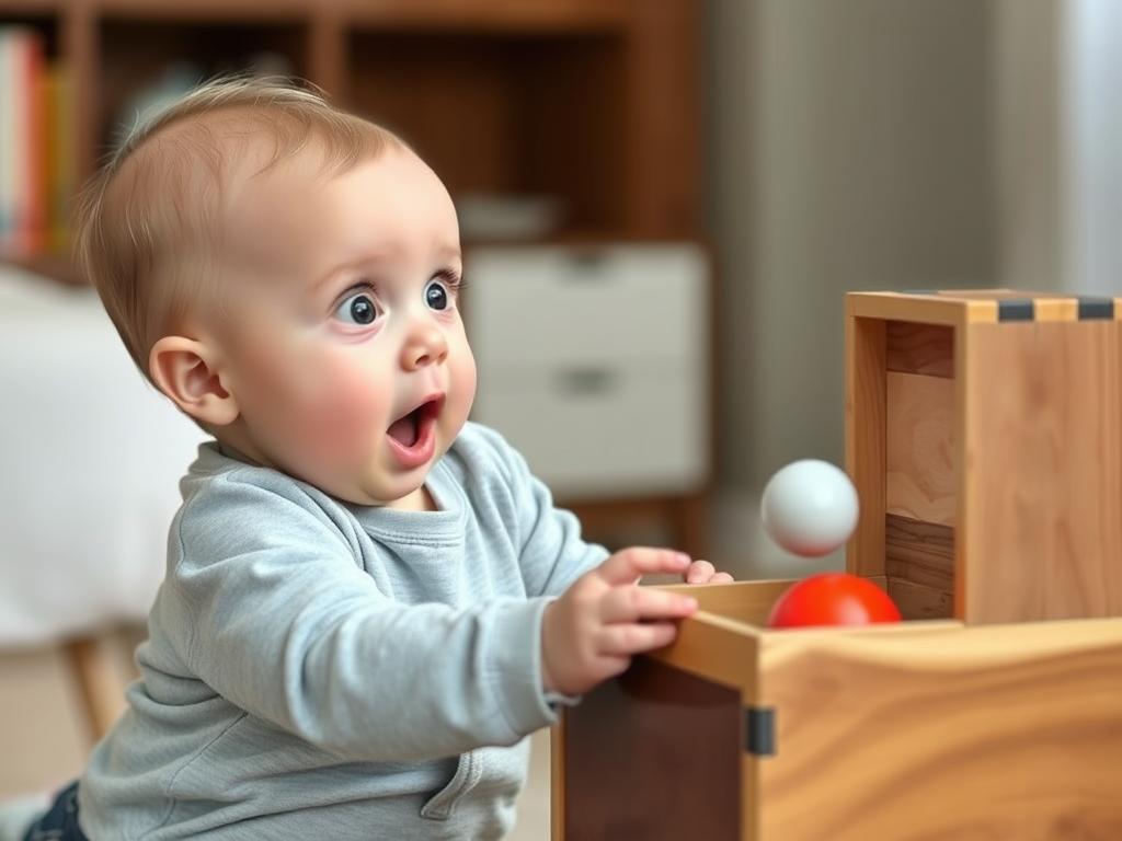 Baby discovering object permanence with a simple wooden box toy