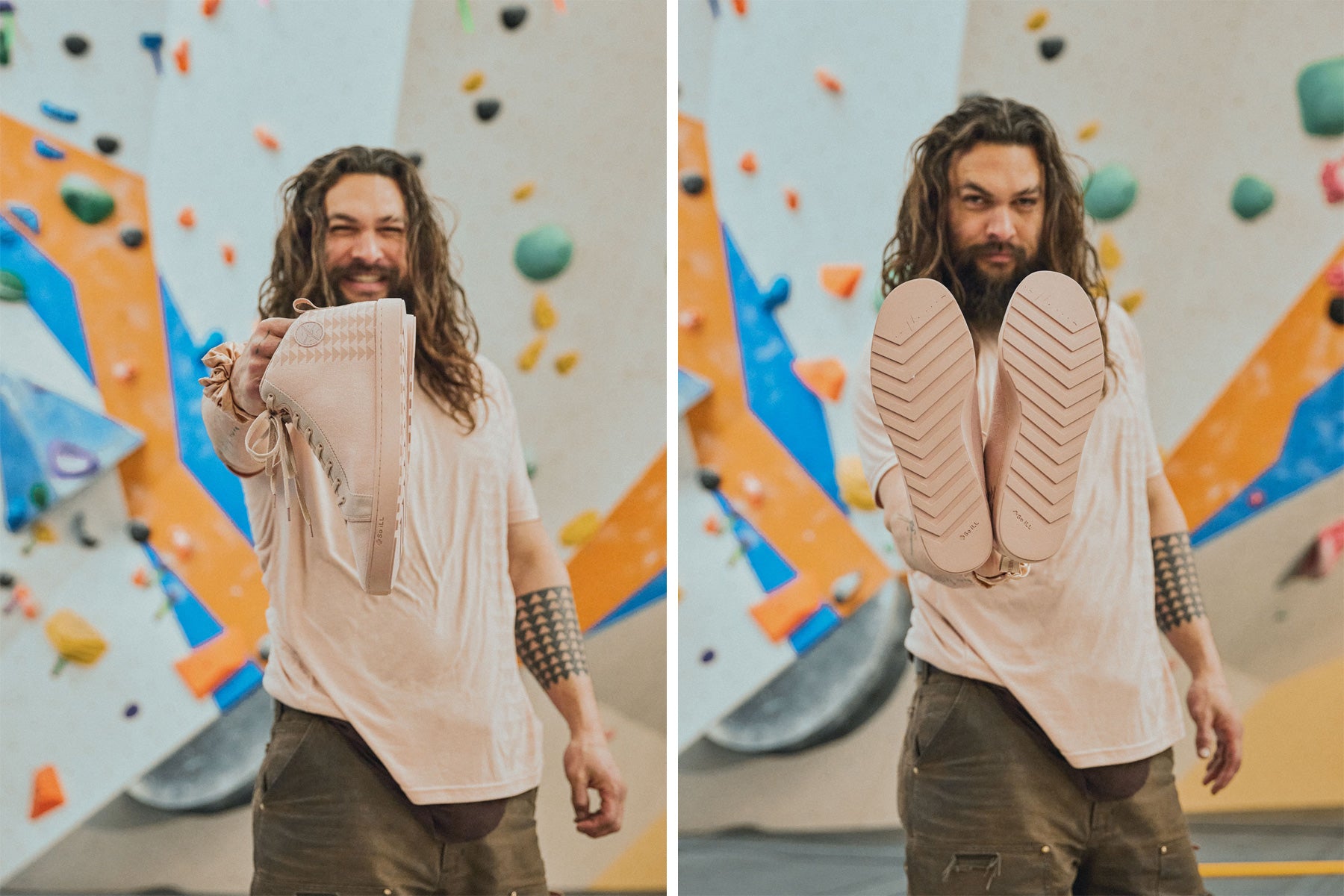 So iLL x On The Roam  dirty pink drifter being worn by Jason Momoa in a climbing gym