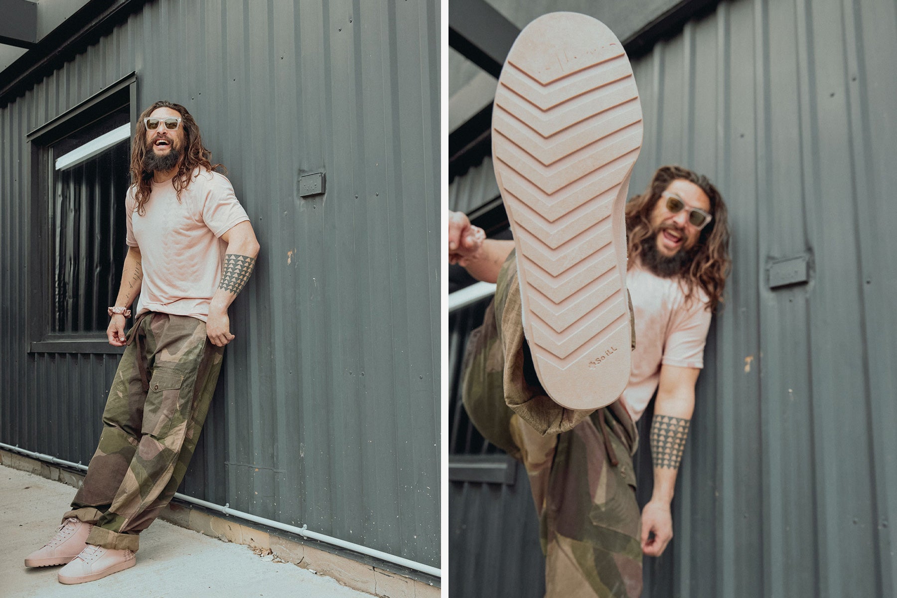 So iLL x On The Roam  dirty pink drifter being worn by Jason Momoa outside