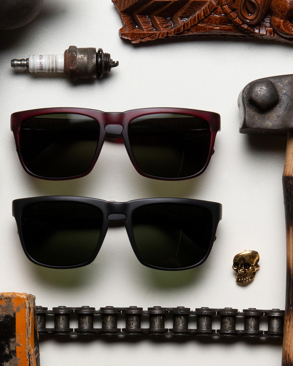 So iLL x On The Roam x Electric sunglasses by jason momoa shown with other motorcycle accessories