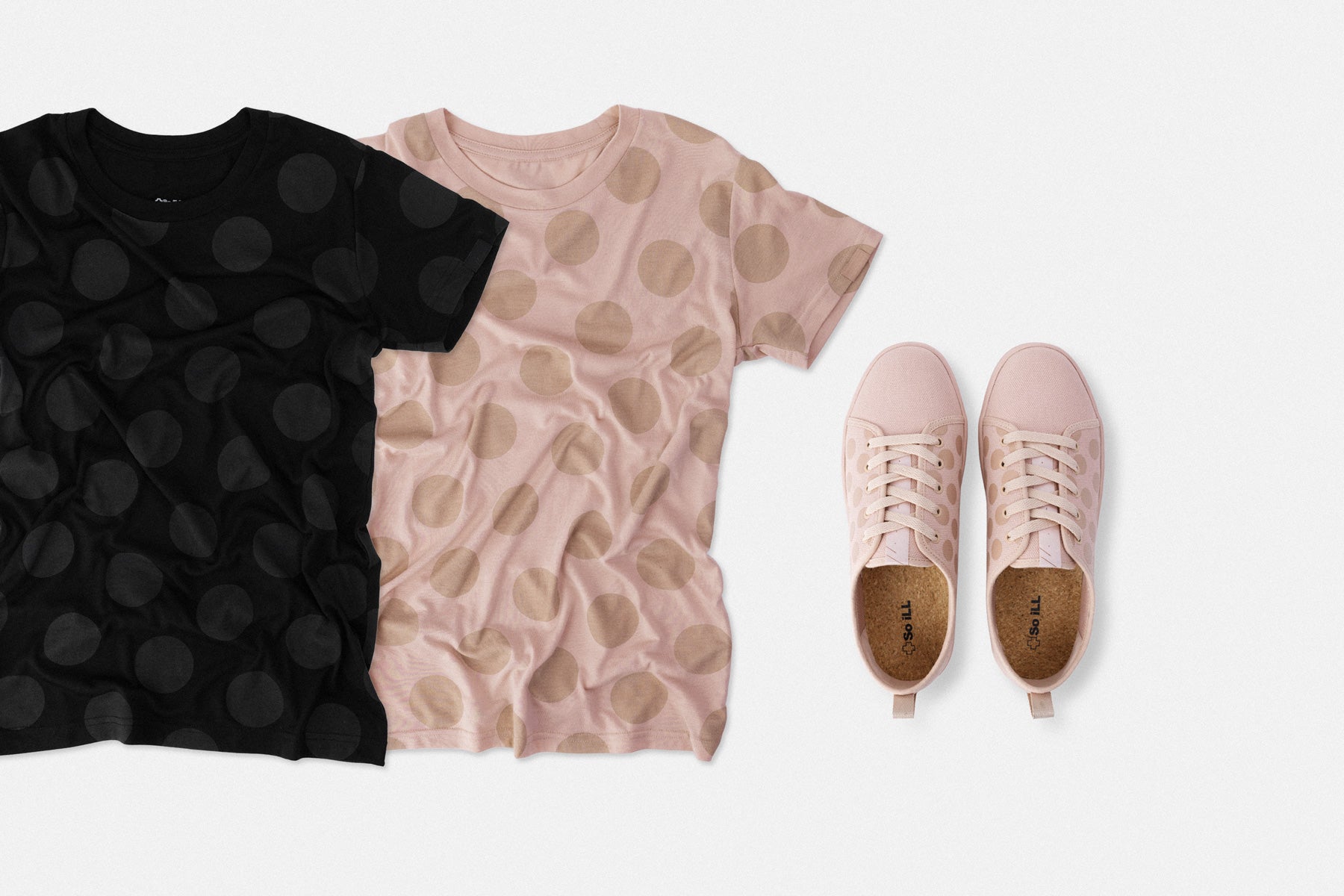 So iLL x On The Roam polka dot shirts and shoes shown laid next to each other