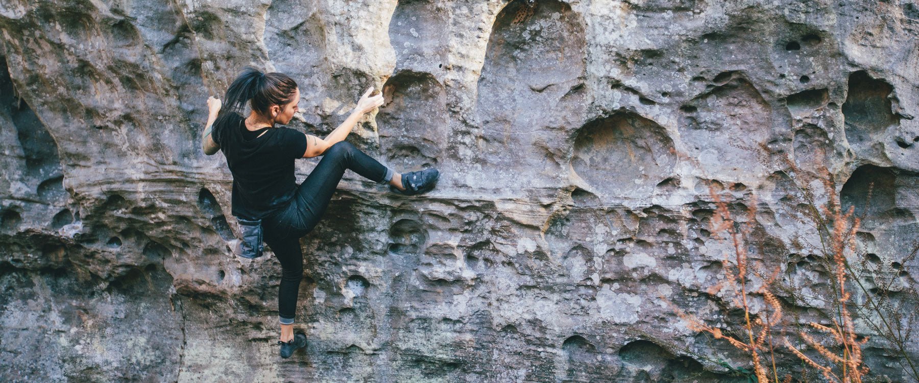 alex of takehold lv bouldering in So iLL Black Active Jeans