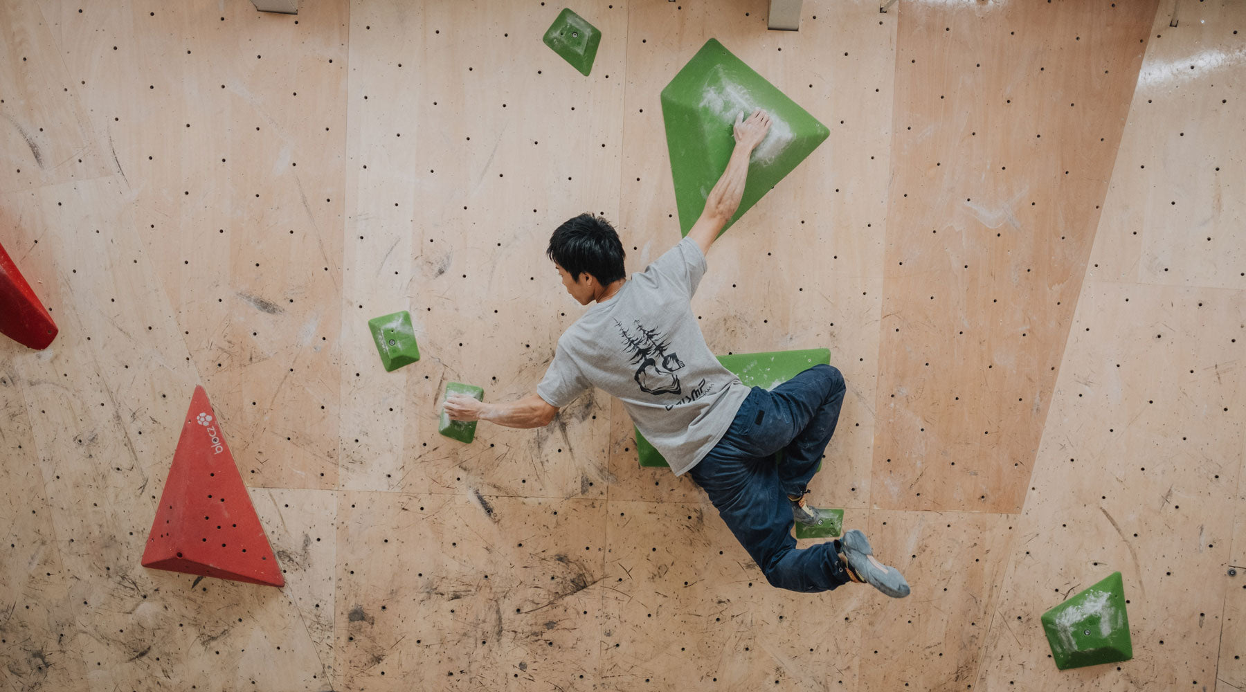 a climber at b pump climbs on the so ill chunks climbing holds