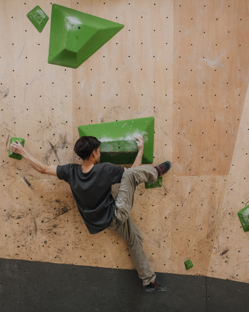 a climber at b pump climbs on the so ill chunks climbing holds