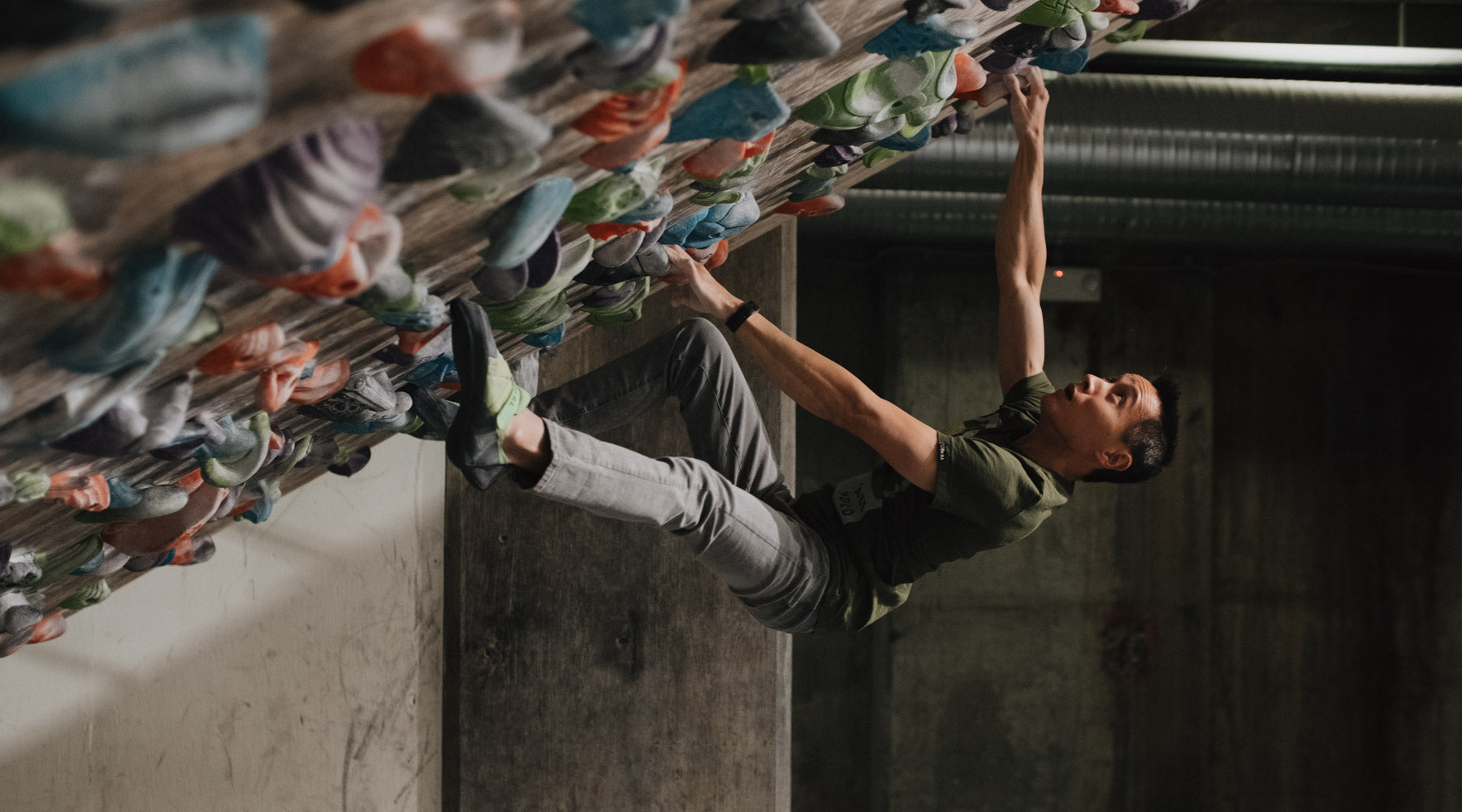 So iLL Grey Denim Climbing Jeans on 60 degree bouldering wall