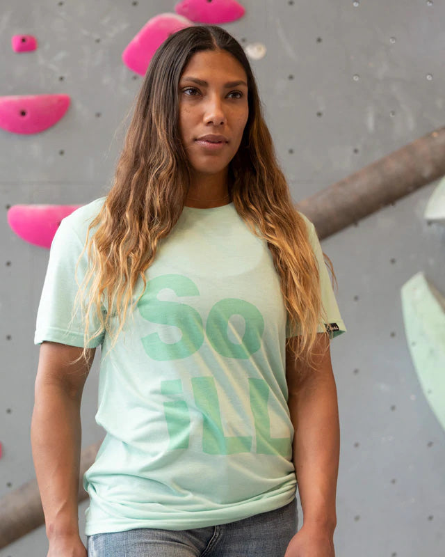 so ill stacked logo tee in sefoam being worn by so ill athlete meagan martin