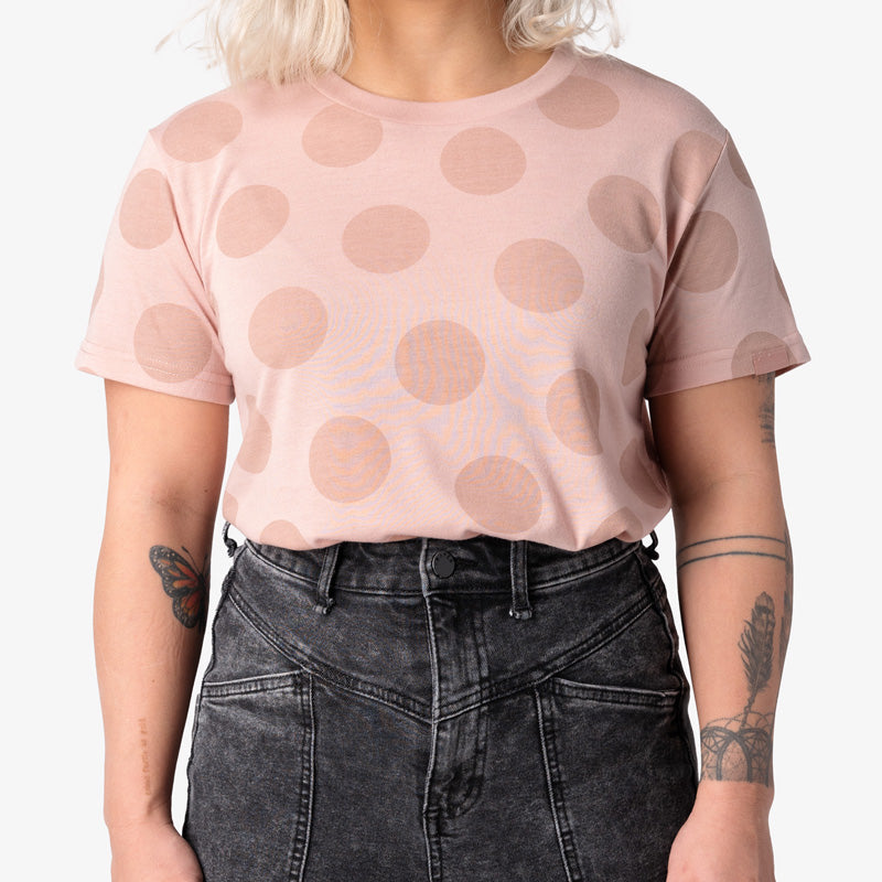 So iLL dirty pink polka dot tee being worn by a woman