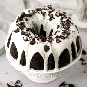 Cookies and cream bundt cake made with Black Cocoa Powder