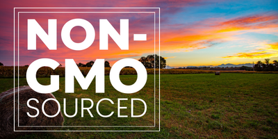 Farm skyline at sunset with non-GMO Sourced logo