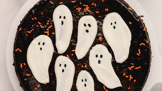 This decadent chocolate cheesecake with spooky ghosts on top is the perfect Halloween treat!