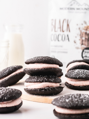 Chocolate strawberry whoopie pies made with Modern Mountain Black Cocoa
